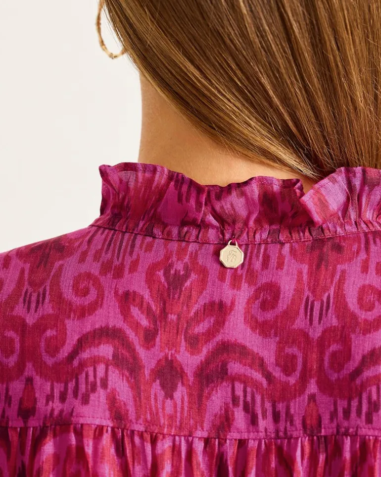 Seaside Ikat Long-Sleeve Ruffle-Neck Top